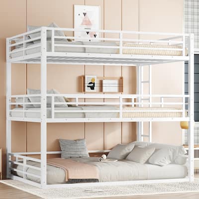 Queen over Queen over Queen Bunk Bed, Metal Triple Bunk Bed with Safety Guardrails, Bunk Bed with Noise-reduced Design