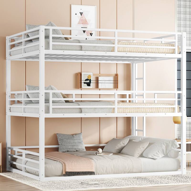 Queen over Queen over Queen Triple Bunk Bed - Metal Frame with Safety Guardrails & Noise Reduced Design - White