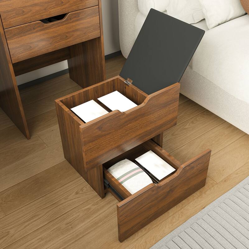 Anmytek Compact Vanity Desk with Flip-Top LED Mirror & Stool Walnut Finish 4-Drawer Nightstand