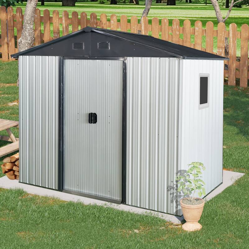8 ft x 4 ft Outdoor Metal Storage Shed with Window and Metal Foundation for Backyard, Patio, Lawn - White+Black