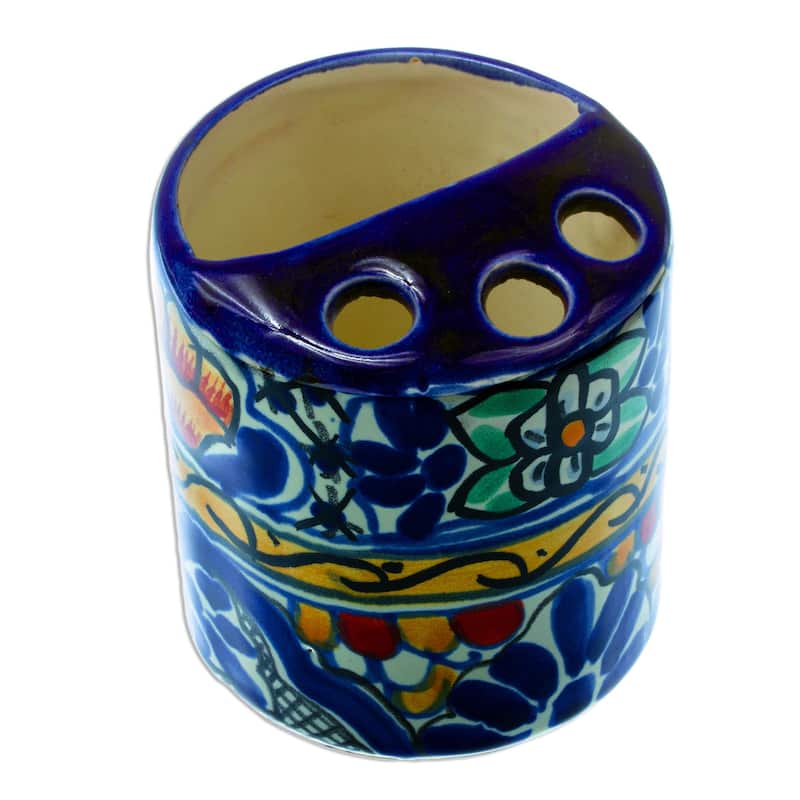 Novica Handmade Cobalt Flowers Ceramic Toothbrush Holder - Blue