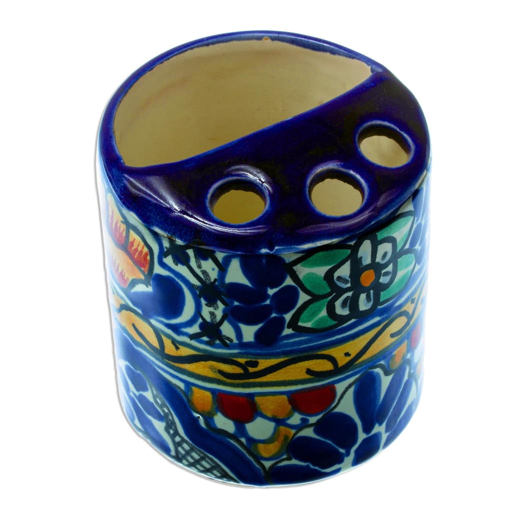 Novica Handmade Cobalt Flowers Ceramic Toothbrush Holder - Blue