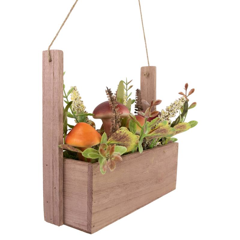 Mushroom and Foliage Wooden Box Artificial Fall Harvest Hanging Arrangement - 19"