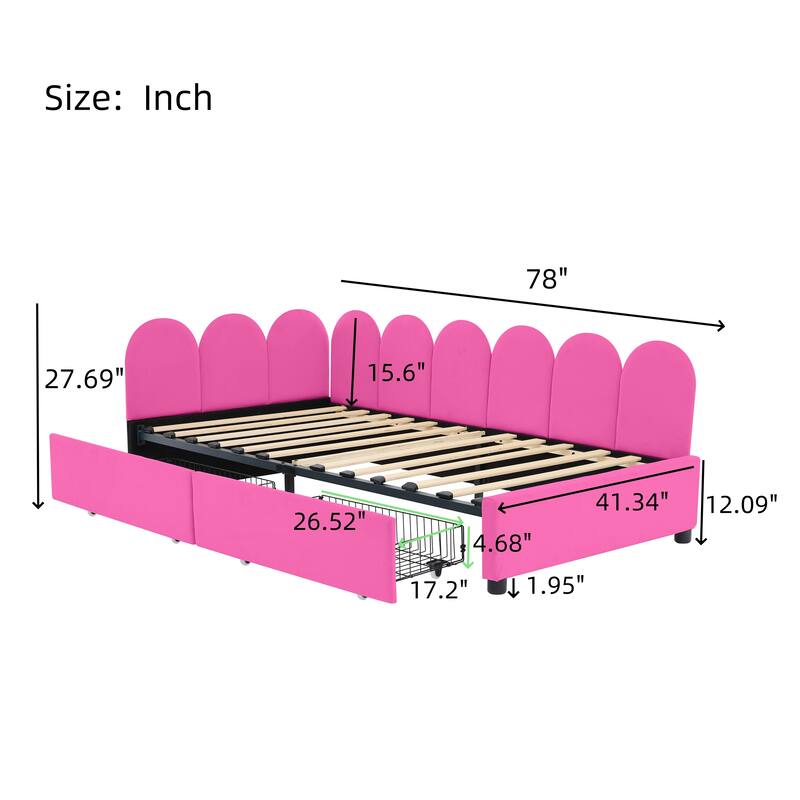 L-Shape Garden Backrest Daybed, Velvet Upholstered Sofabed with 2 Drawers, Soft Fabric Headboard Platform Bed Frame
