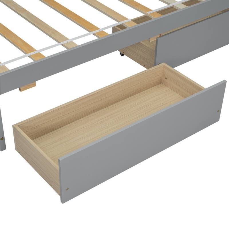 Twin Size L-shaped Bookcases Bed with Power Outlets, USB Charging Ports and Two Drawers
