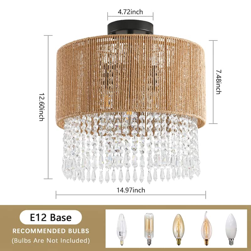 3 - Light Bohemian Rattan & Crystal Semi - Flush Mount Chandelier