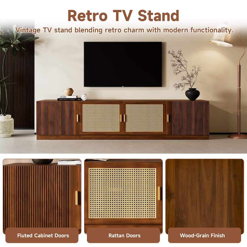 Anmytek Retro TV Stand Media Console with Rattan Doors Wood Grain Large Screen TV Cabinet Storage