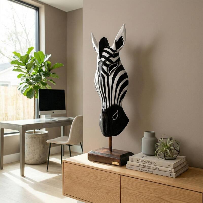 20" Wooden Tribal Striped Black White Zebra Mask with Stand Hand Carved Home Decor Accent Sculpture Decoration Handmade
