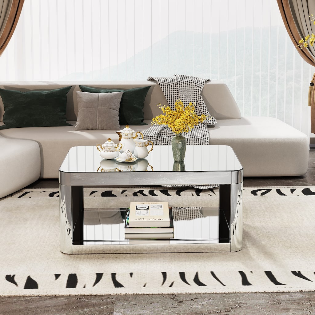Baked curved mirror Coffee Table for Living Room, Modern Glass Coffee Table with Glass Top, Rectangular Center Table