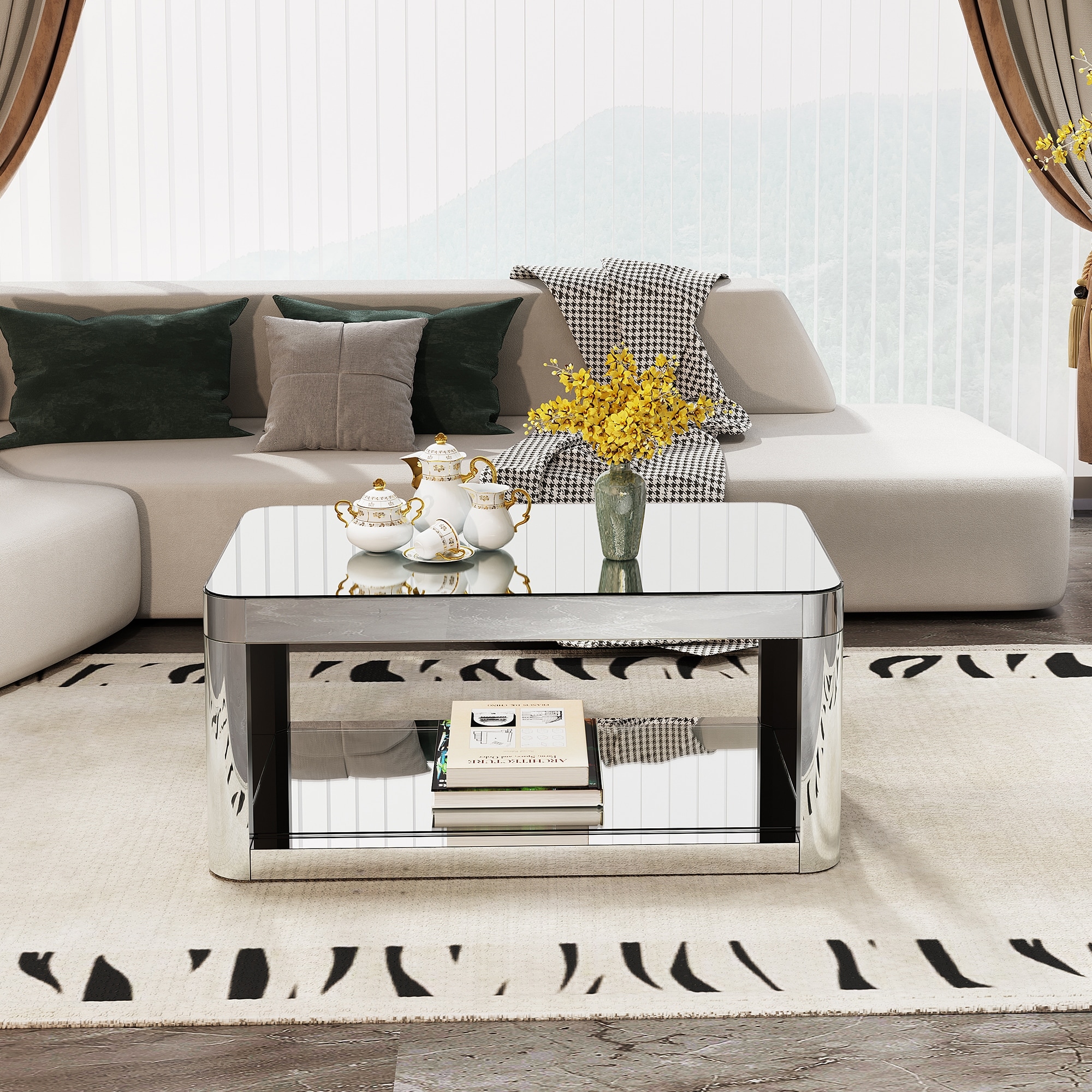 【cornice】COFFEE TABLE Baked curved mirror Coffee Table for Living Room, Modern Glass