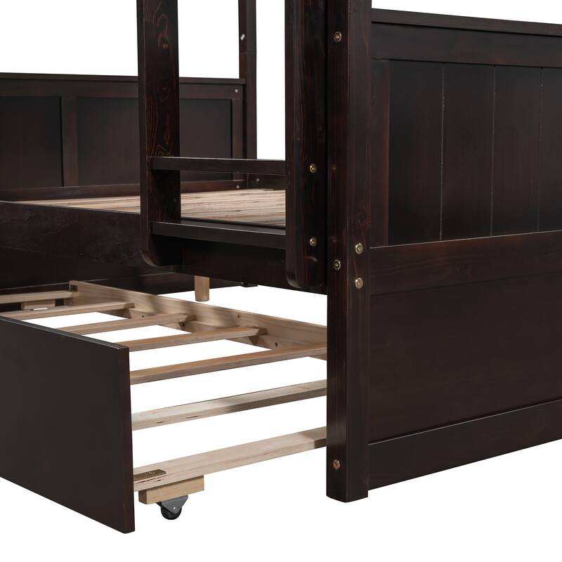 Full Over Full Bunk Bed with Twin Trundle, Espresso Finish, Convertible Design