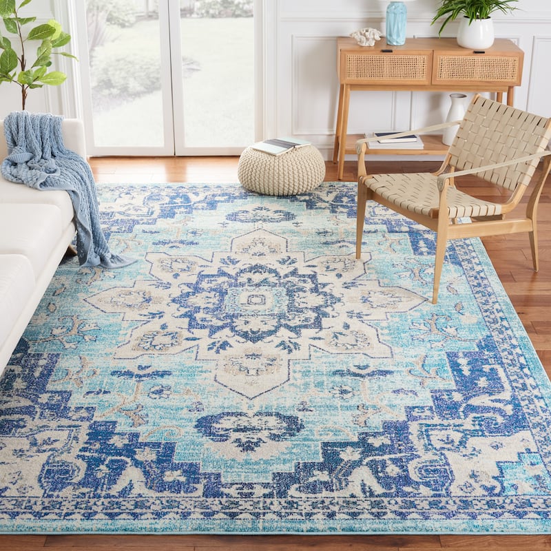 SAFAVIEH Madison Diederike Boho Medallion Distressed Rug - 12' x 15' - Teal/Navy - Rectangle