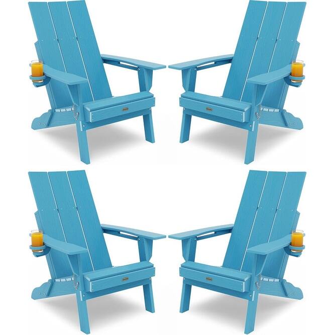 WINSOON Modern HDPE Outdoor Folding Adirondack Chair With Cup Holder Set Of 4 - Blue