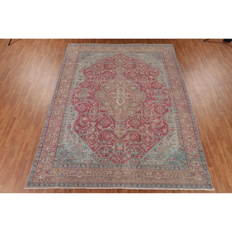Pink Distressed Tabriz Persian Vintage Area Rug Handmade Wool Carpet - 9'9" x 12'11"