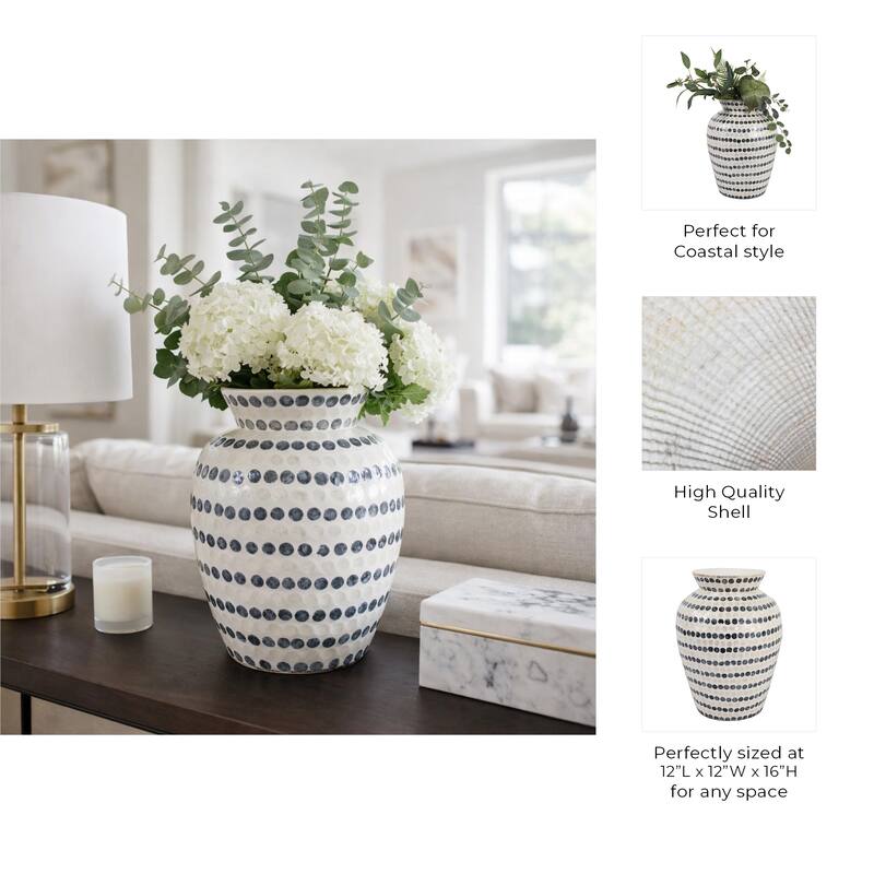 Decorative Vase - Shell Coastal Capiz Dots - Ivory and Blue