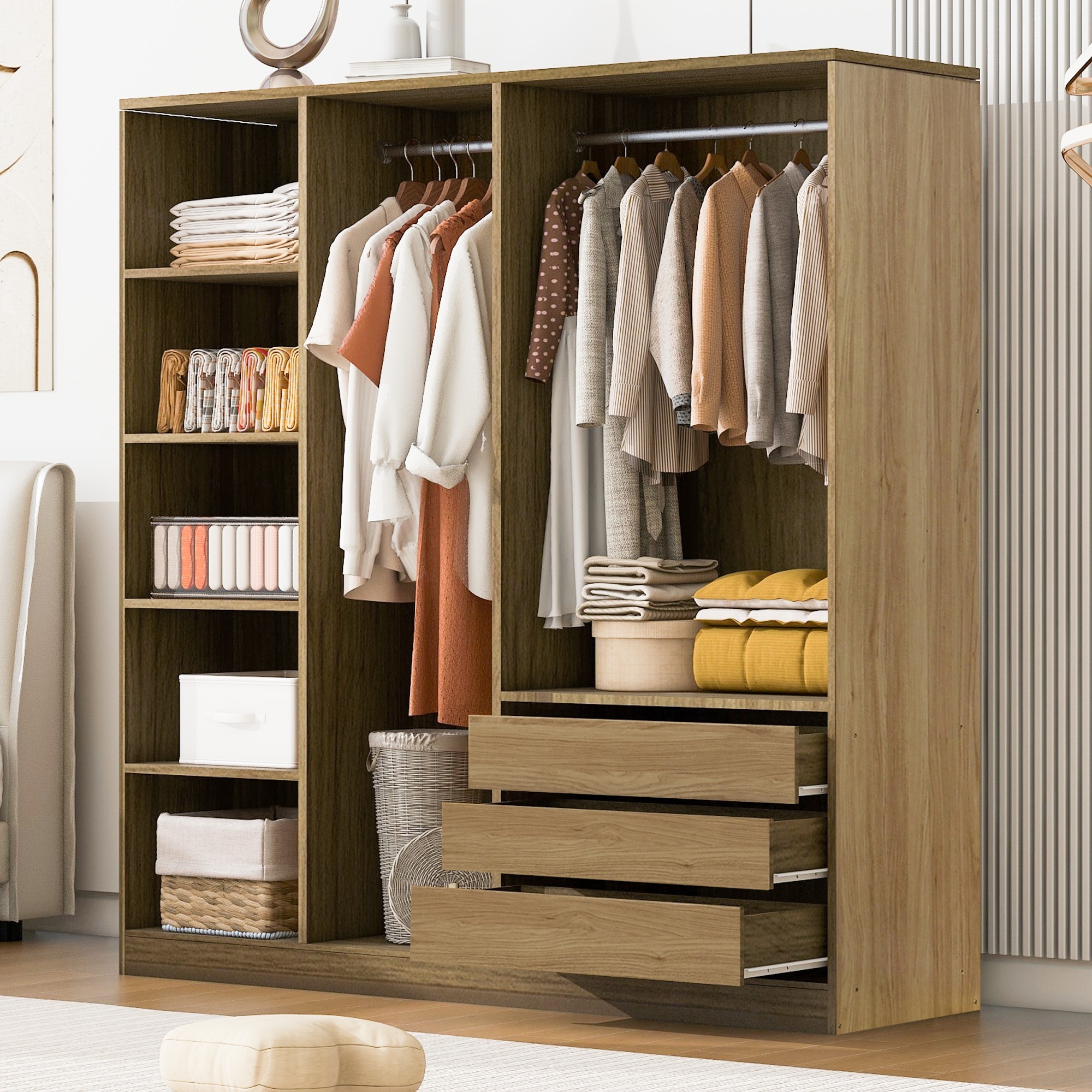 Natural Doorless Wooden Storage Wardrobe with Drawers, Clothing