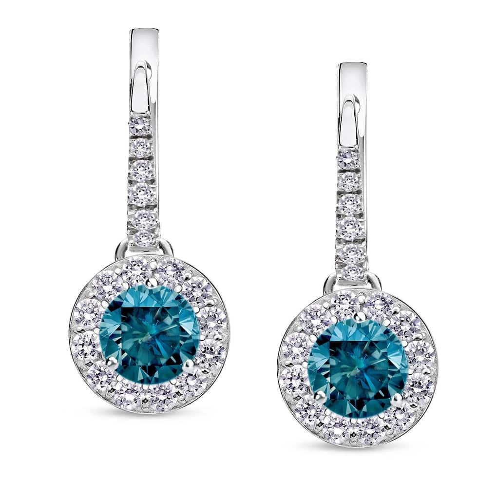Auriya 1/2 to 2ctw Blue Diamond Halo Dangle Earrings 14k White Gold (SI1-SI2)