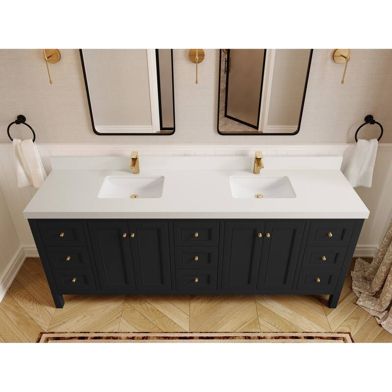 Willow Collections 84 in. W x 22 in. D Nashville Double Bowl Sink Bathroom Vanity with Countertop - 2”White Quartz - Black