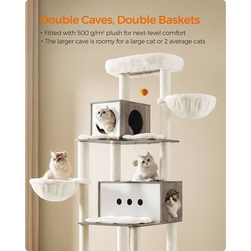 Cat Tree, 77.5-Inch Tall Modern Cat Tower, Multi-Level Cat Condo with 2 Caves