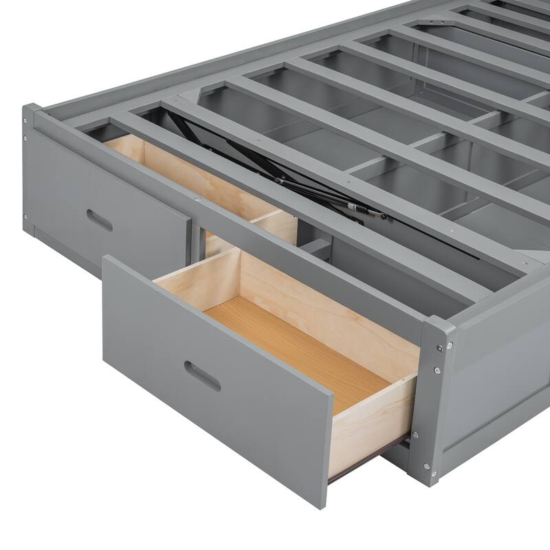 Queen Size Hydraulic Platform Bed with Storage, LED Headboard, Charging Station, and Drawers, Gray