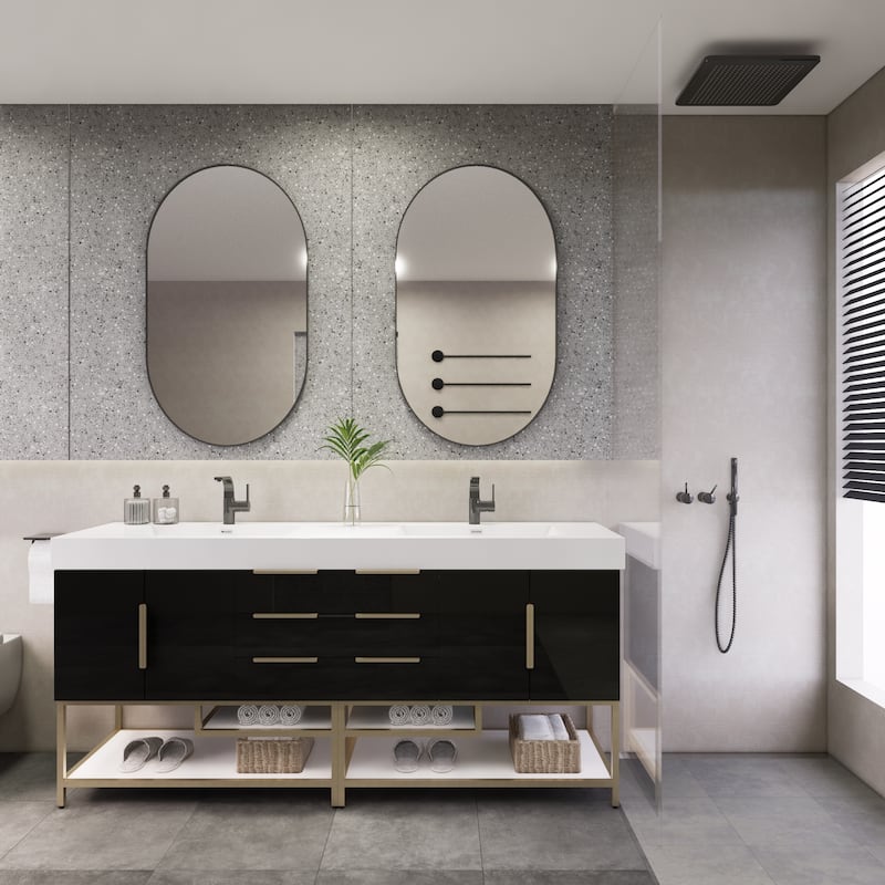 Noble 84" Free Standing Vanity with Reinforced Acrylic Double Sink - 84" Width - High Gloss Black