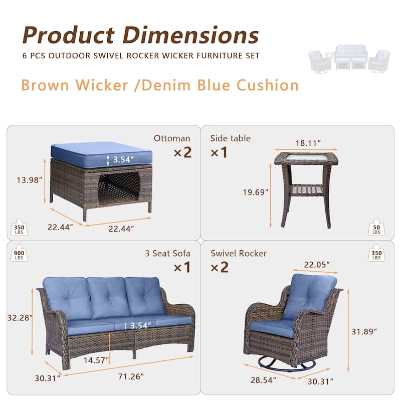 6 Piece Wicker Outdoor Patio Furniture Set Swivel Chairs Sofa Ottoman