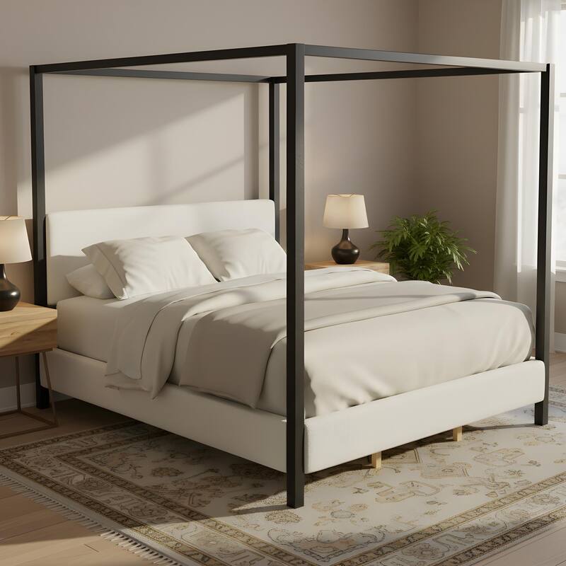 Christopher Knight Home - Mid-Century Modern Bouclé Upholstered Metal Canopy Bed Frame with Padded Headboard