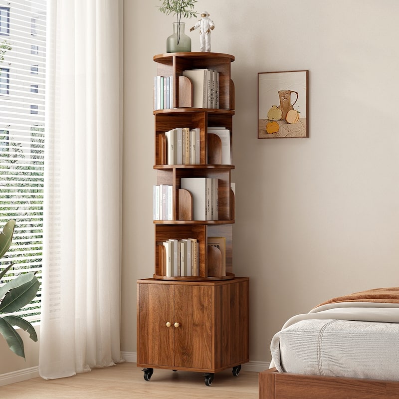 Anmytek 360 Rotating Corner Bookshelf with Wheels Space Saving Storage for Small Rooms