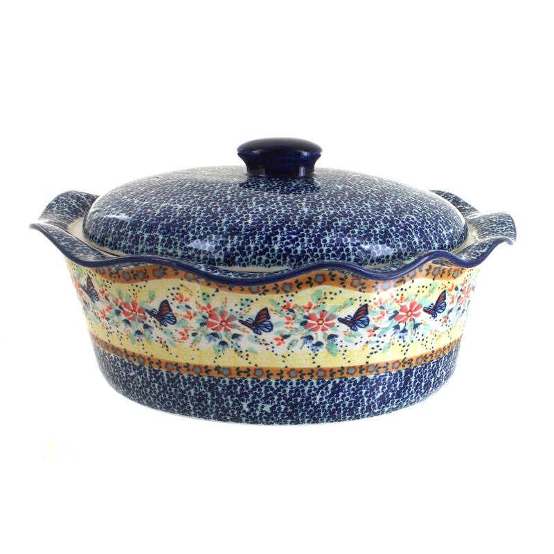 Blue Rose Polish Pottery Z137 Manufaktura Large Oval Baker with Lid - Blue Butterfly