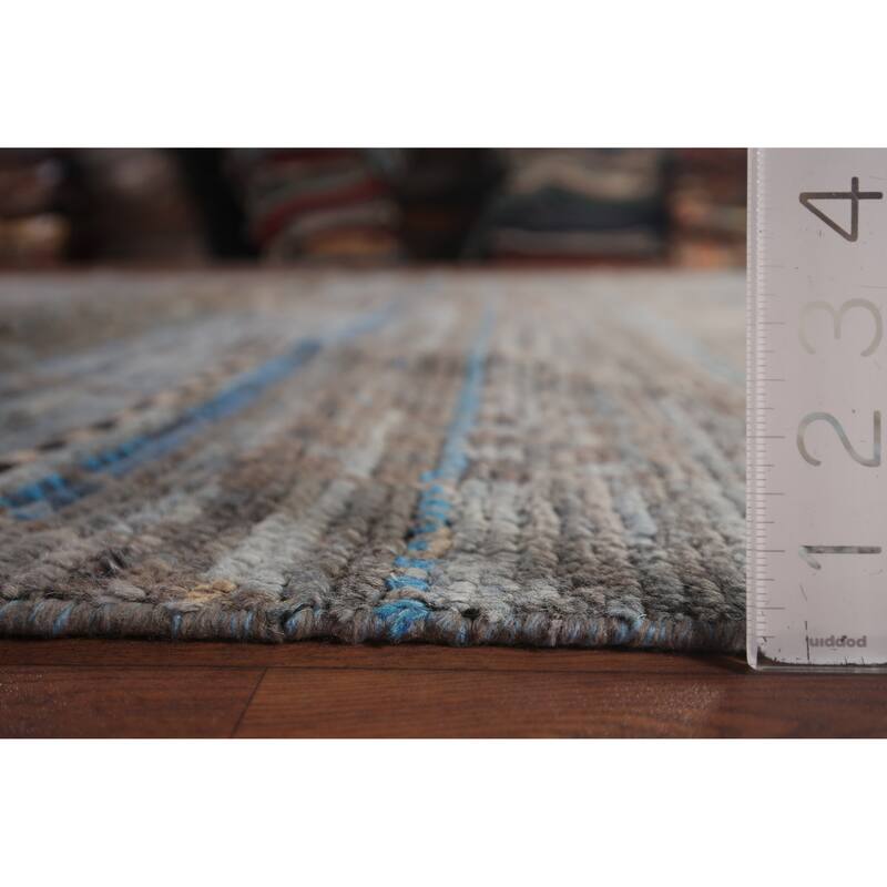 Blue Striped Moroccan Abstract Area Rug Hand-Knotted Wool Carpet - 8'0"x 12'7"