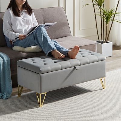 Gray Velvet Upholstered Storage Ottoman Bench - High-Density Sponge, Sturdy Legs