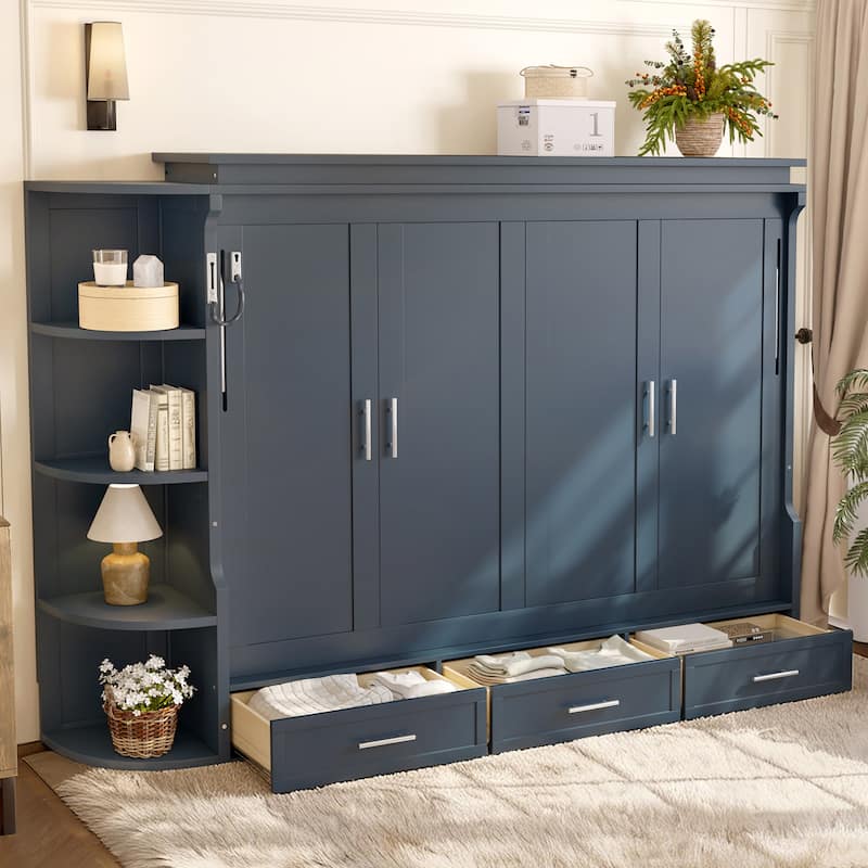 Murphy Platform Bed with Side Cabinets & Drawers, Wall Bed with Shelf for Home Office, Queen or Full