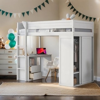 Wood Twin Loft Bed with Wardrobes and 2-Drawer Desk with Cabinet, White