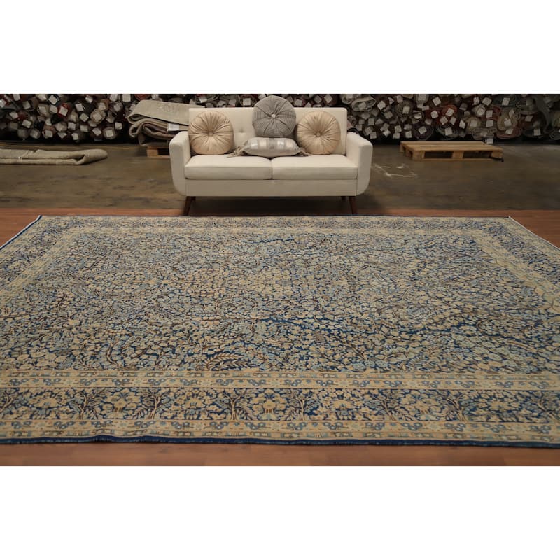 Hand Knotted Oriental 100% Wool Carpet Traditional All-Over Navy Blue & Blues Kerman Area Rug - 12' 10'' X 9' 9''