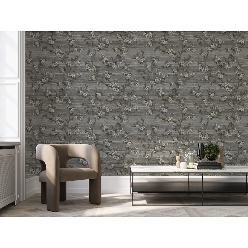 Flocked Botanical Blossom Pattern Stylish Floral Wallpaper - Gray