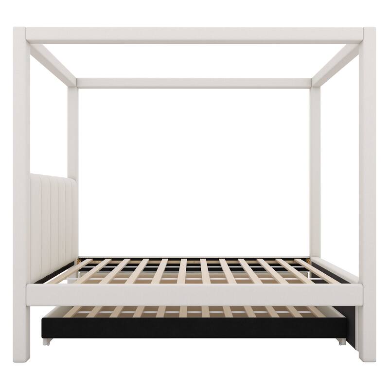 Bedroom Twin Size Canopy Bed Frame, Upholstery Linen Platform Bed with Three Storage Drawers and Pull-Out Trundle Bed
