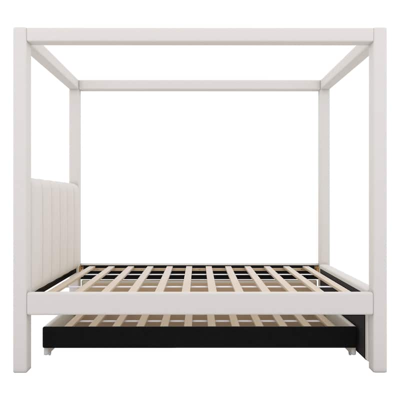 Modern Canopy Bed Frame with Upholstered Headboard/Wood Platform Bed with Trundle & 3 Storage Drawers/Wood Slats Support/Beige