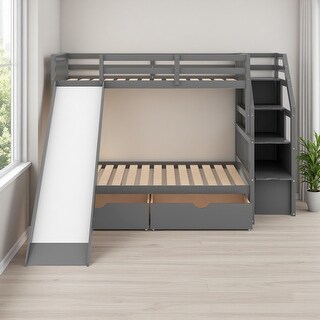 Twin over Full Wood Bunk Bed with Drawers, Storage Grids & Slide - Bed ...