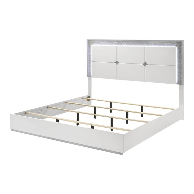 Furniture of America Roon Modern White Wood Panel Bed with LED on Headboard