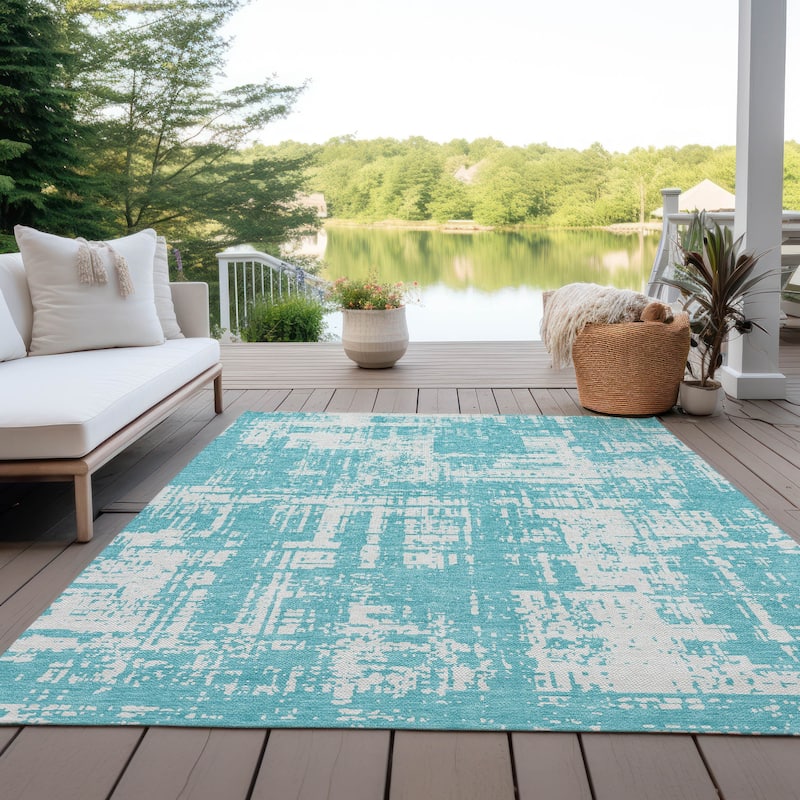 Machine Washable Indoor/ Outdoor Chantille Abstract Solid Rug - Aqua - 9' x 12'