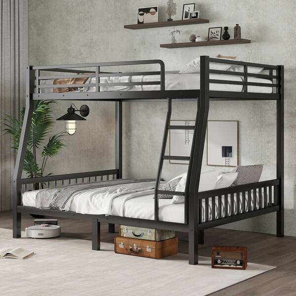slide 2 of 11, Full XL Over Queen Bunk Bed, Guardrails, Metal Frame Black