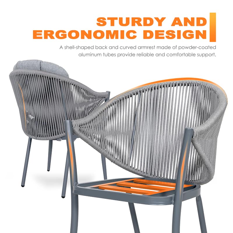 Outdoor 2-Piece Woven Rope Conversation Chair Set, Aluminum, Gray