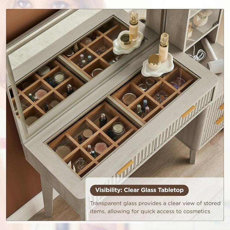 Modern Fluted Makeup Vanity Desk with Mirror, Lights, Charging Station