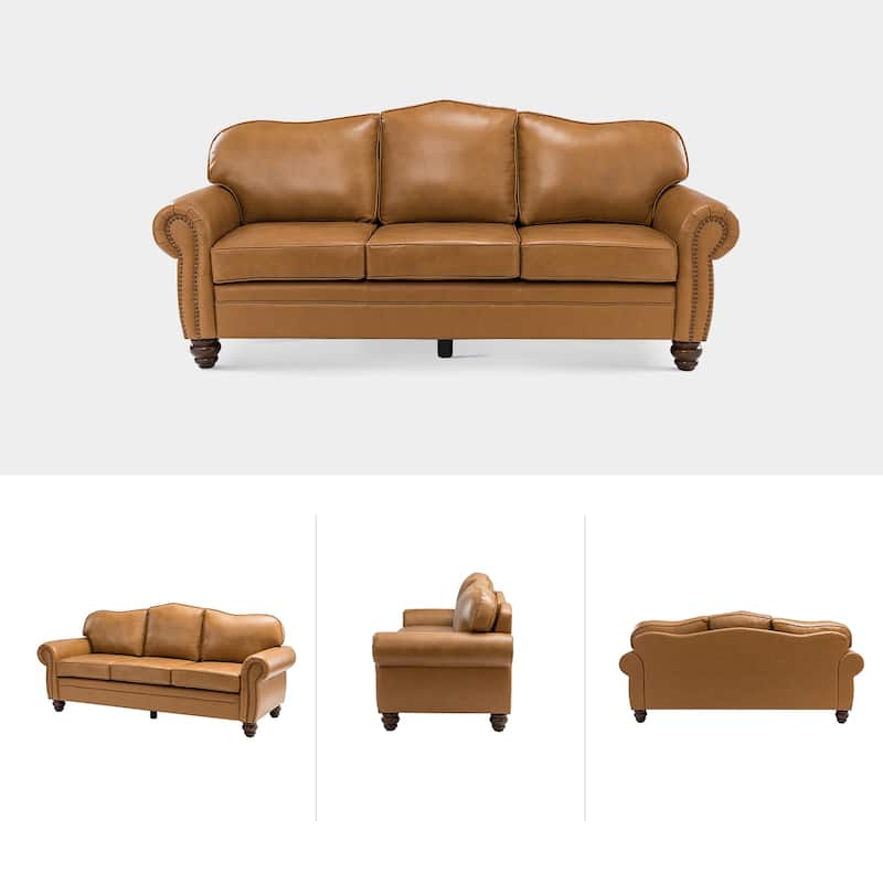 Balvino 81" Wide Transitional Genuine Leather Rolled Arm Sofa with Nailhead Trim and Removable Cushions