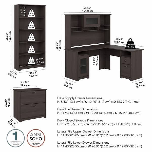 dimension image slide 8 of 12, Cabot 60W L-Desk with Hutch, Cabinet and Bookcase by Bush Furniture