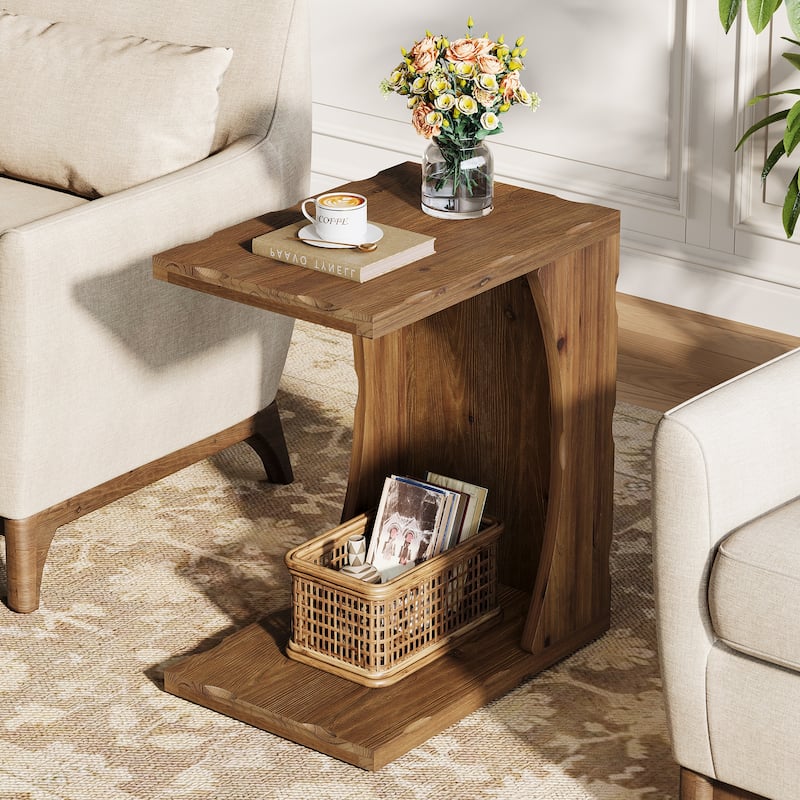 Solid Wood End Table, Narrow C Shaped Side Table with 2-tier Storage