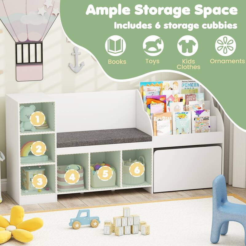 White 3-Tier Adjustable Kids Bookshelf Toy Organizer with Reading Nook and 6 Storage Cubes - 67" x 16" x 32"