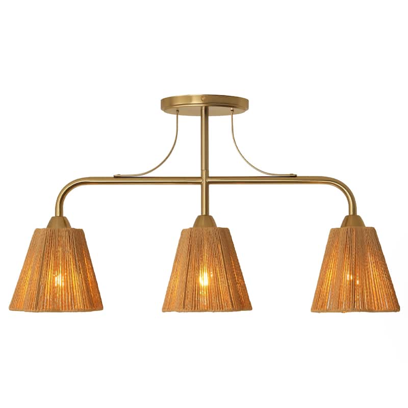 Bohemian Brown Paper Rope Shade 3-Light Gold Linear Chandelier Light