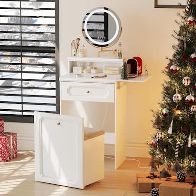 White Makeup Vanity Desk with Round Mirror