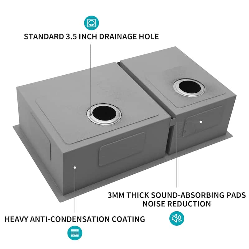 32 Inch Undermount Double Bowl 16 Gauge Stainless Steel Kitchen Sink in Brushed Nickel - 32'' x 18'' x 9''